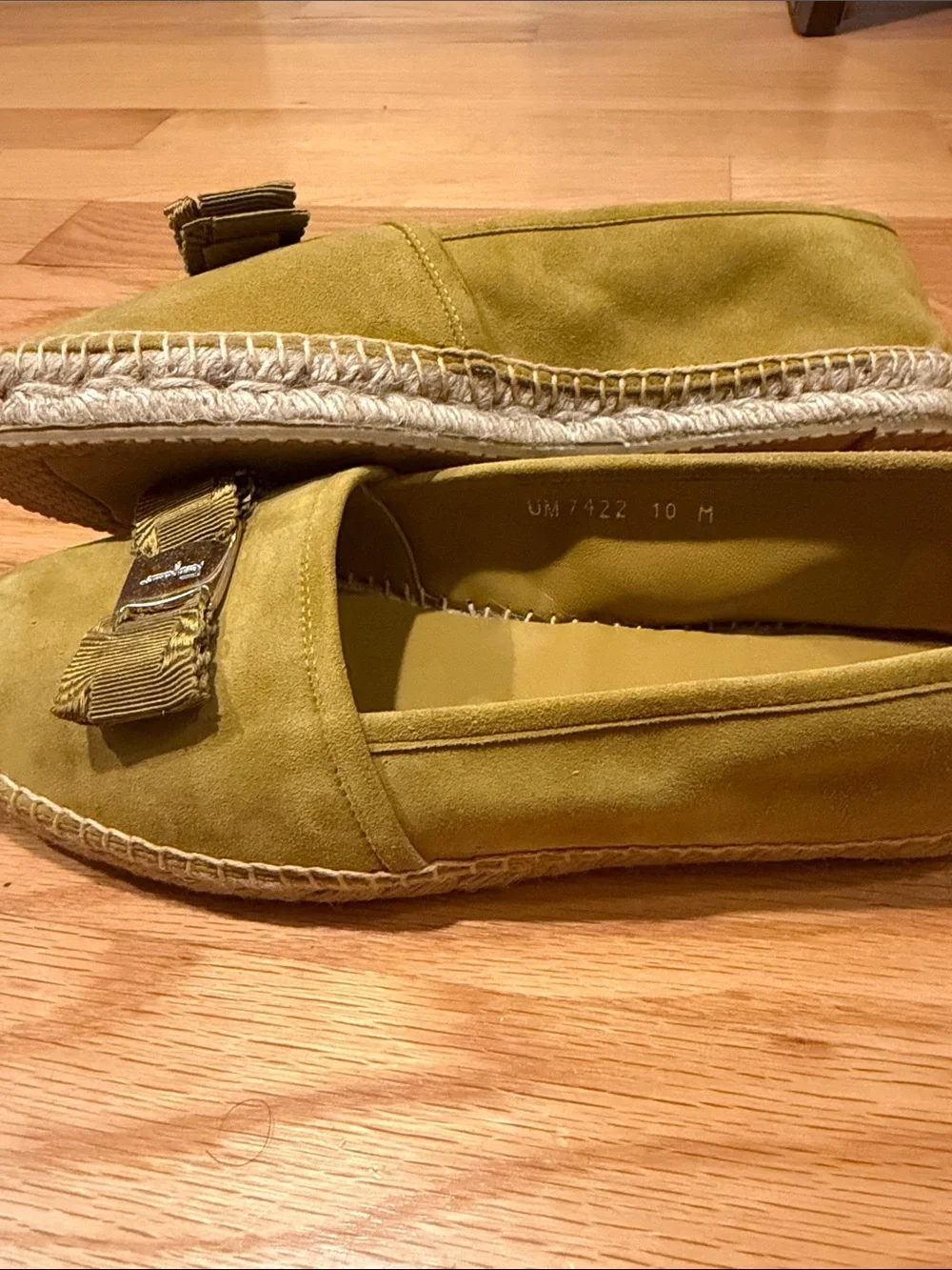 Salvatore Ferragamo Elodie Moutarde Suede Espadrille Loafers with Ribbon Trim
